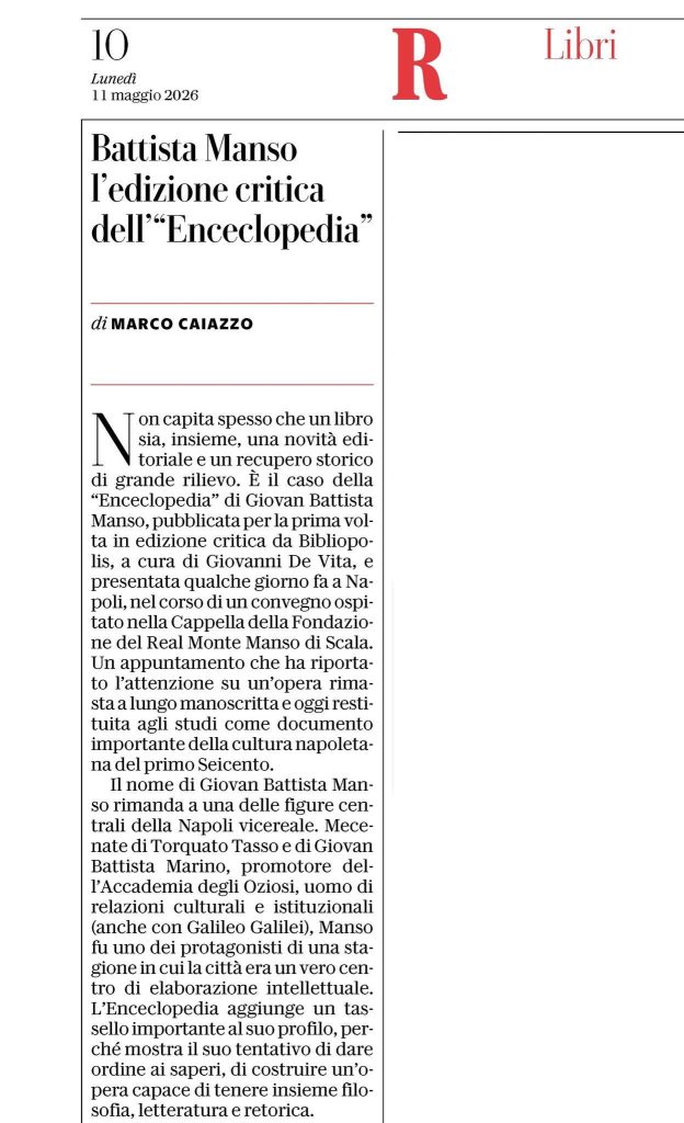M. Caiazzo sull'Edizione critica dell'Enceclopedia di Manso,  la Repubblica Napoli - 11 maggio