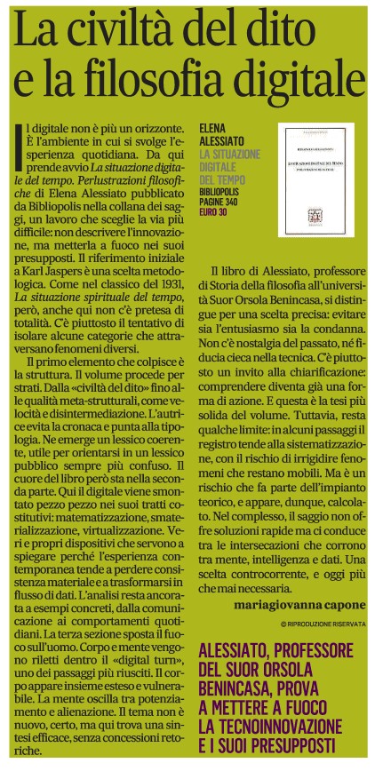 Mariagiovanna Capone, Recensione a La situazione digitale del Tempo - Il Mattino CulturaNapoli sabato 20 giugno 2026